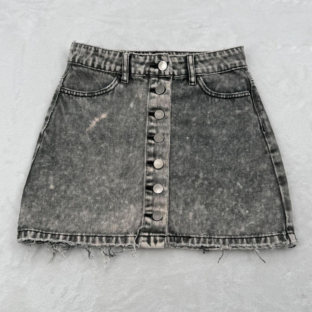 Forever 21 Acid Wash Grey Cotton Button Front Denim Mini Skirt Sz Small 90s Vibe